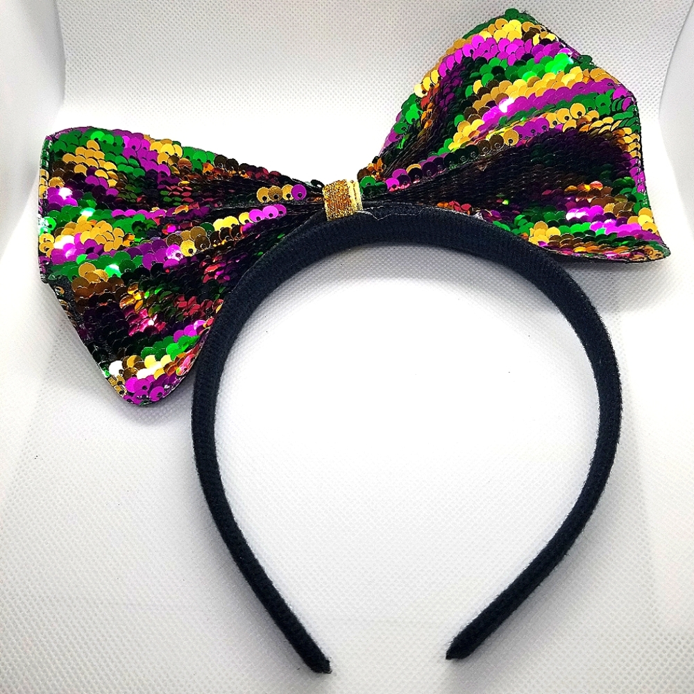Sequin Large Bow Headband Mardi Gras Purple Green Gold
